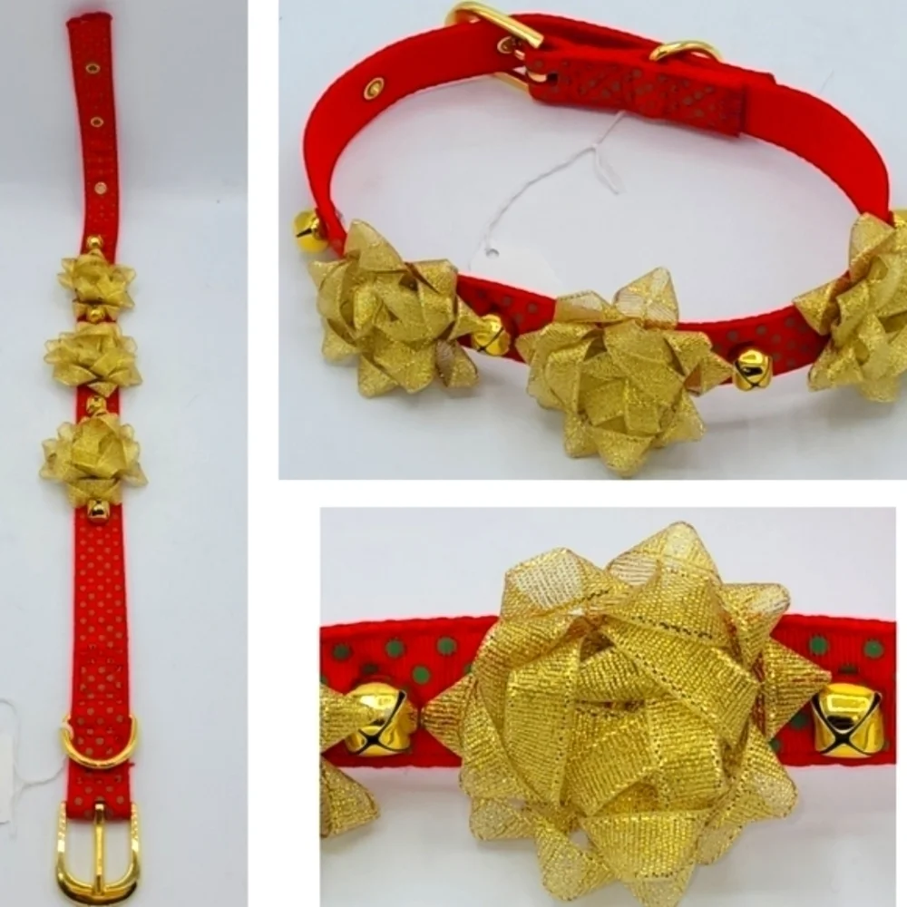 Festive Red & Gold Floral Jingle Bell Dog Collar - Christmas Holiday Size M/L